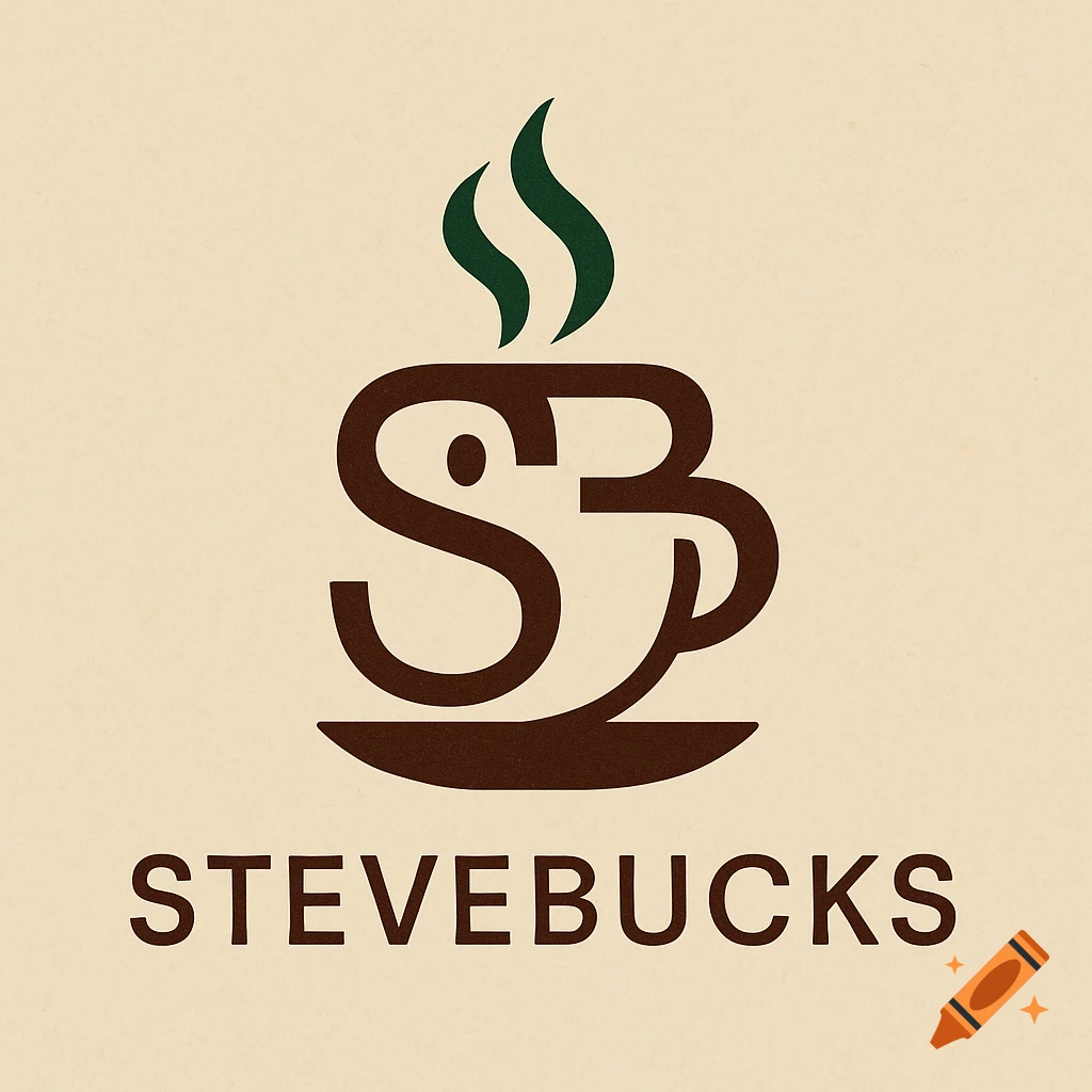 A brown coffee cup logo with green steam, formed by the letters 'SB', above the word 'STEVEBUCKS' on a cream background.