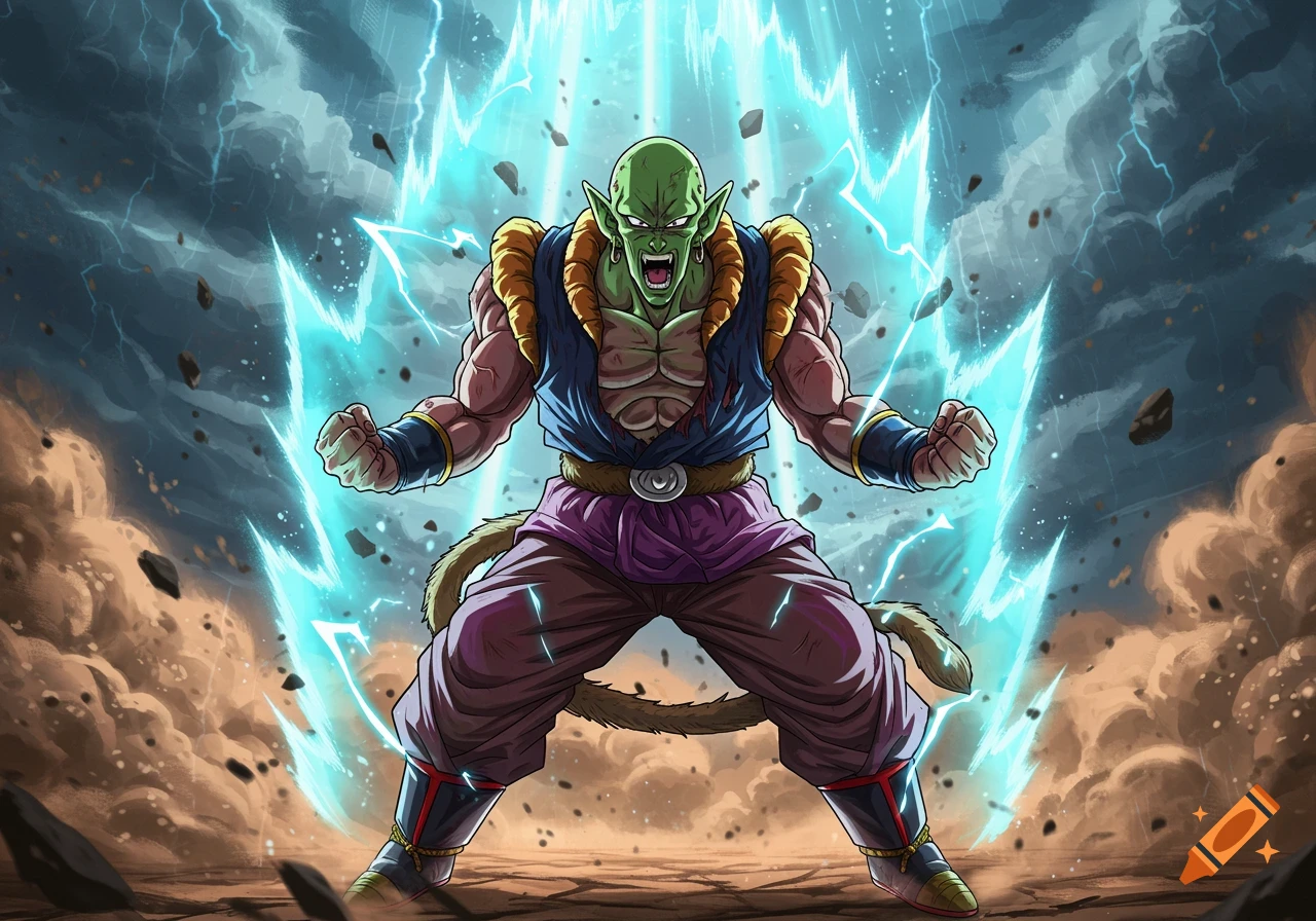 A powerful green-skinned anime warrior, reminiscent of Dragon Ball Z, roaring and powering up amidst blue energy, dust, and lightning.