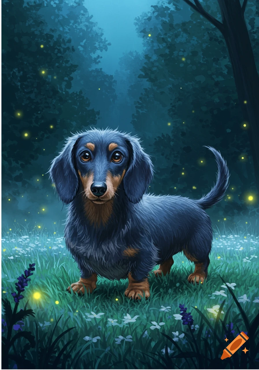 A long-haired dachshund stands in a mystical dark forest at night, surrounded by glowing fireflies and white flowers.