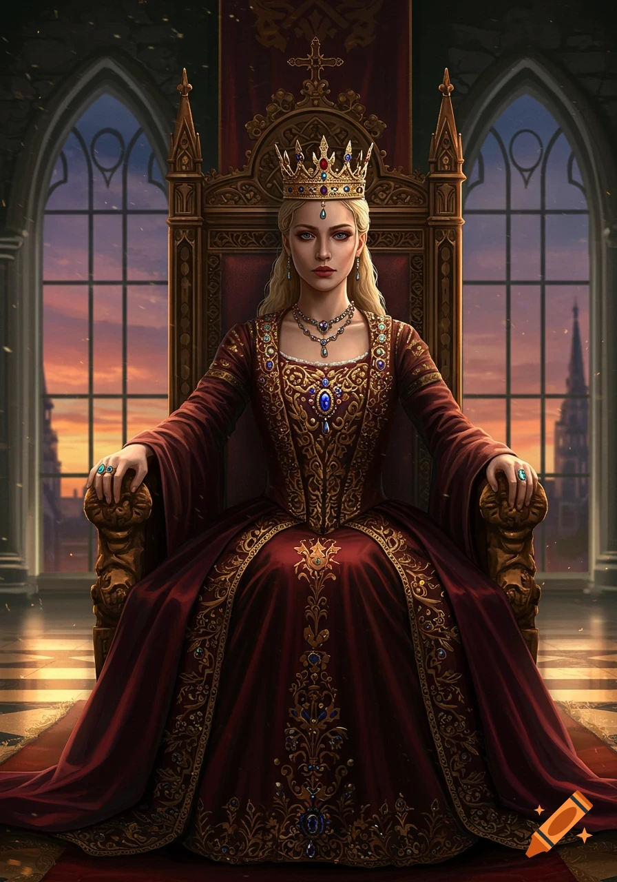 A queen with a golden crown and an ornate red gown sits on a grand throne in a hall with large windows overlooking a sunset.