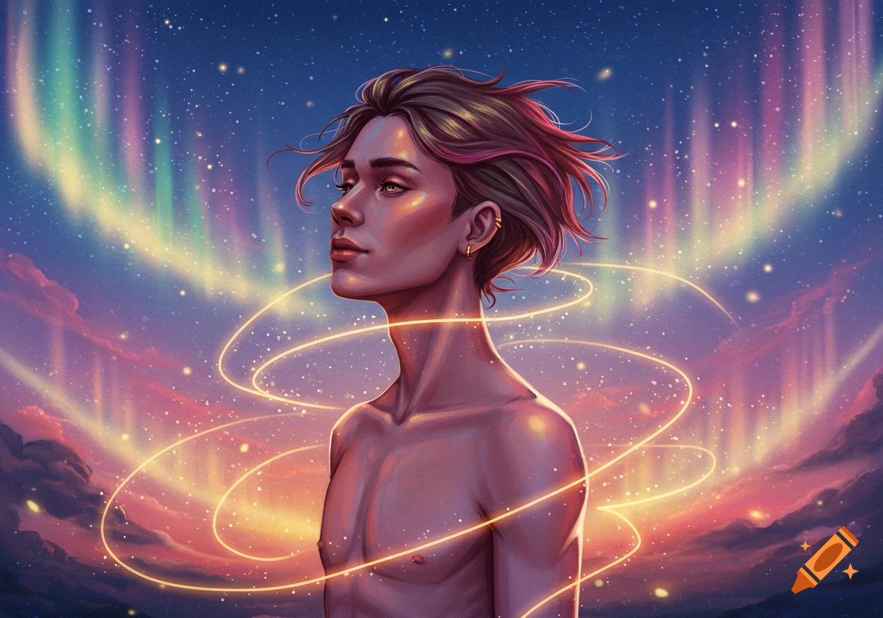 Stylized portrait of a bare-chested person with short hair, bathed in golden light against a starry, aurora-lit sky.