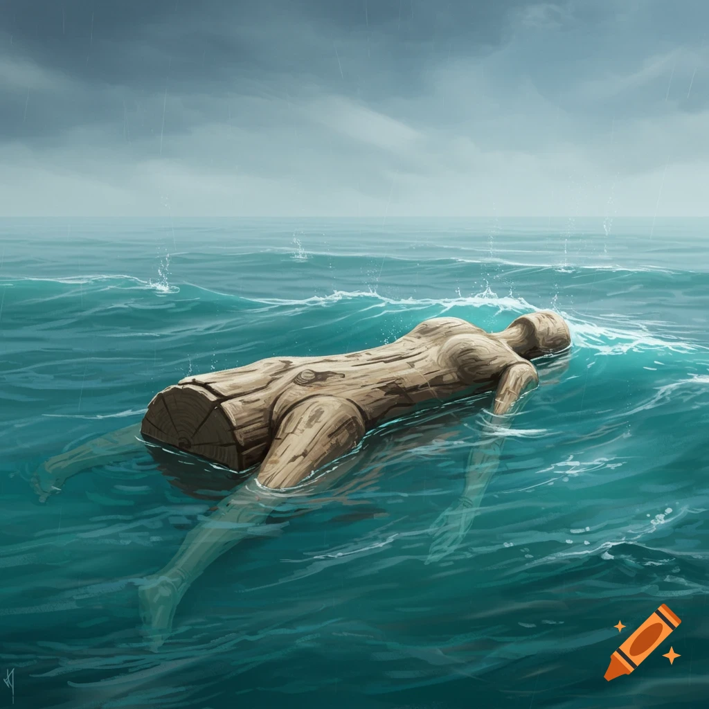 A log sculpted to resemble a human body floats on choppy ocean waves under a rainy sky, in a digital painting.