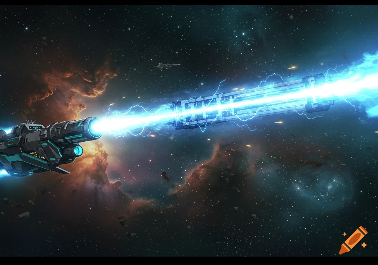 A large space cruiser fires a powerful blue energy beam across a starry galaxy with nebulas.