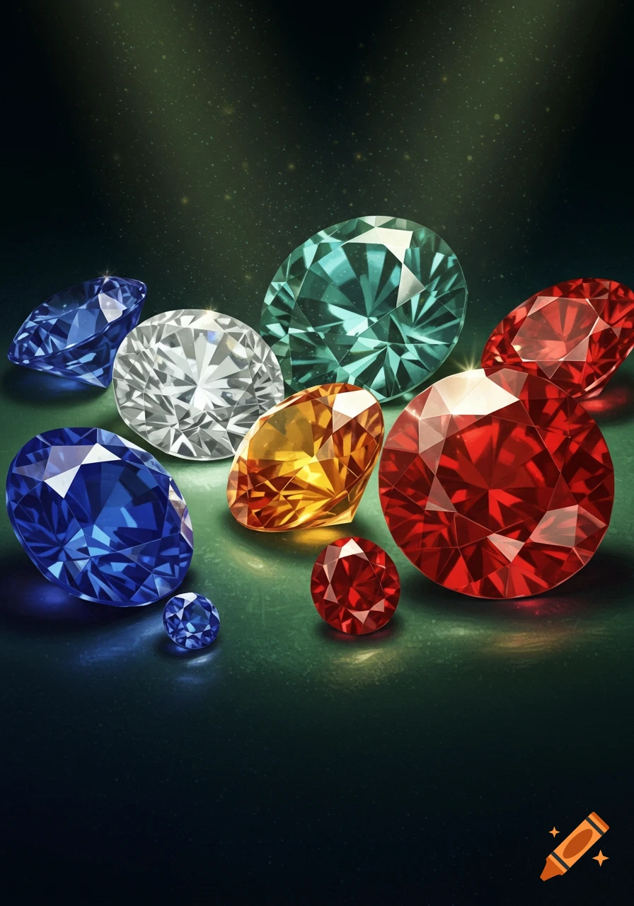 A collection of colorful, faceted gemstones, including blue, white, yellow, red, and teal, reflecting light on a dark green surface.