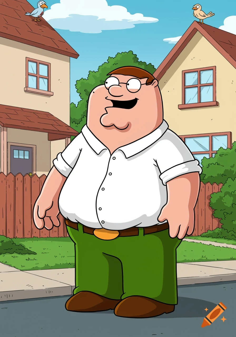 Peter Griffin from Family Guy stands smiling in front of suburban houses with birds on roofs.
