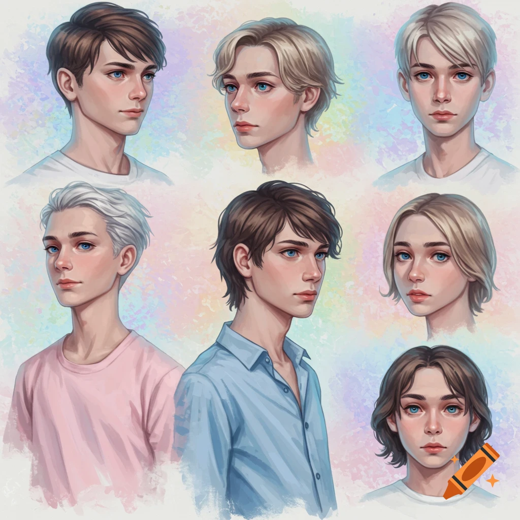 Digital art portraits of seven young individuals with blue eyes, varying hairstyles, and hair colors, against a soft, colorful background.