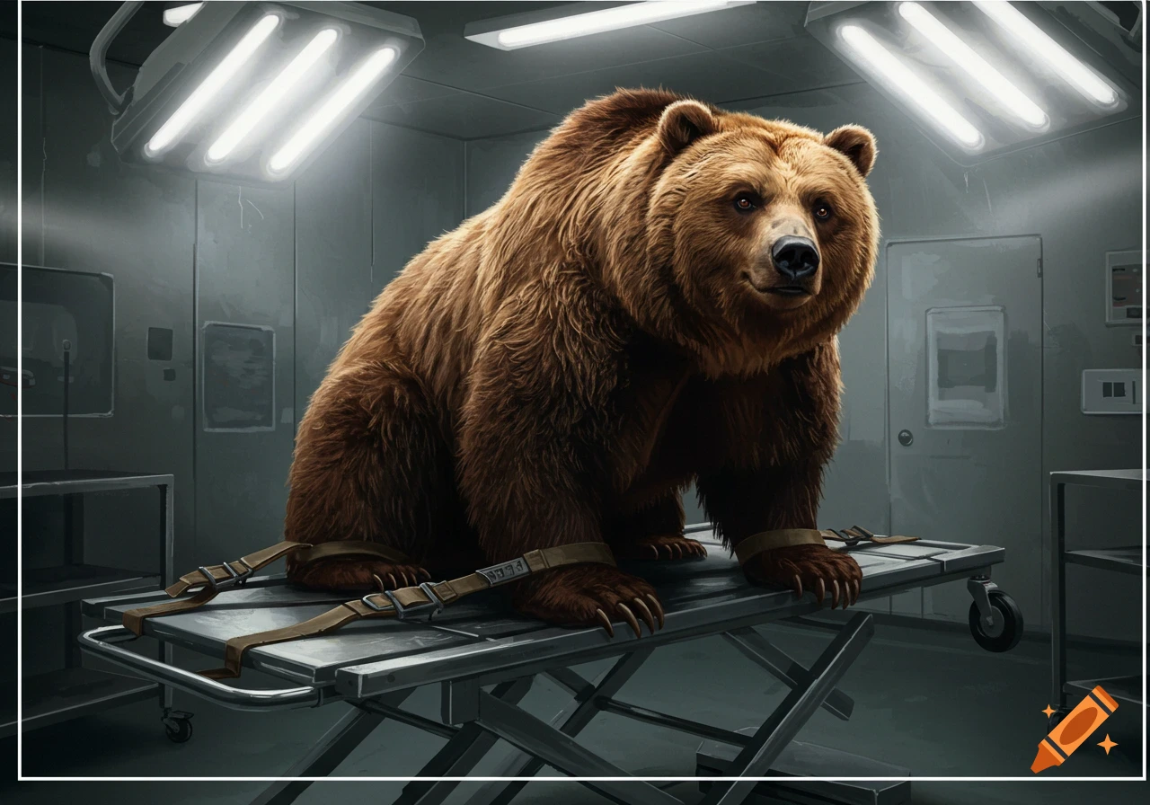 A large brown bear is strapped to a medical gurney under bright lights in a sterile room.