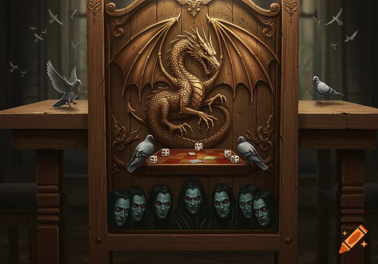 A highly detailed carved wooden dining chair with a large golden dragon on its backrest. Doves are on tables next to the chair and on a shelf below the dragon, next to dice and cards. Seven stylized vampire heads with red eyes are carved into the bottom of the chair. More doves fly in the background.