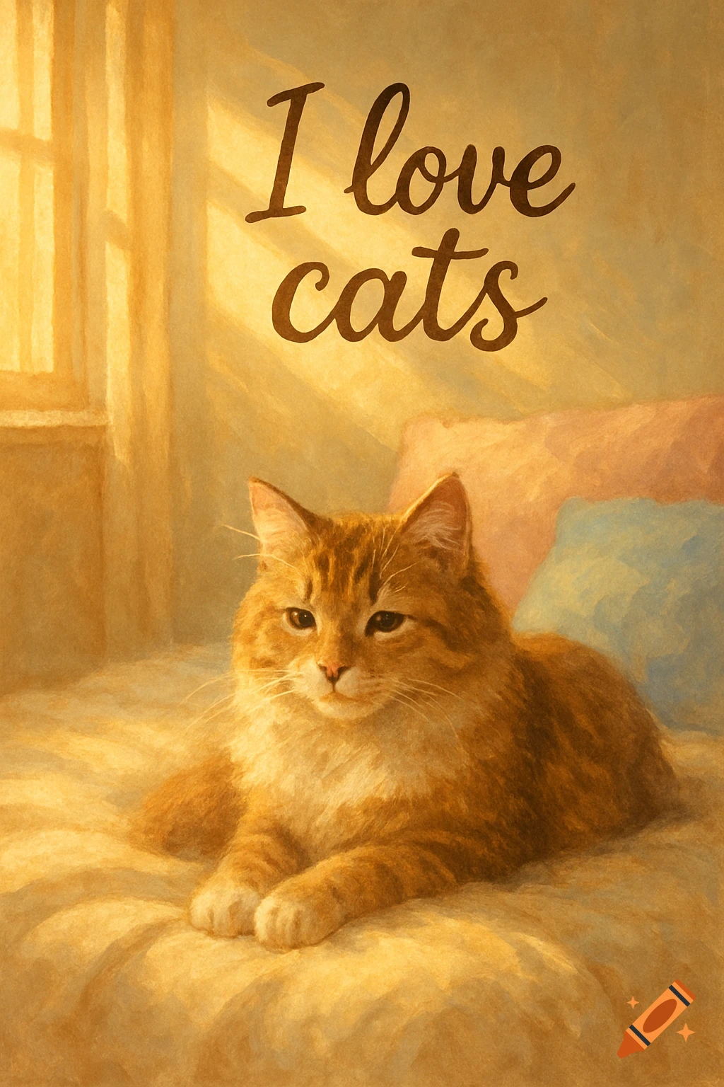 An orange cat with white paws lies on a bed bathed in warm sunlight, with the text 'I love cats' above it in a soft, painterly style.