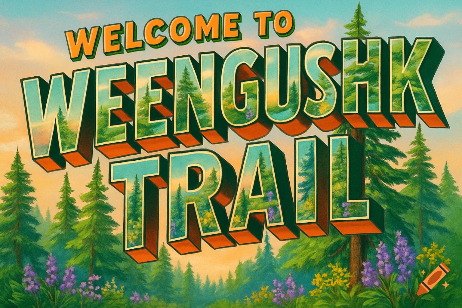 A retro-style illustration of a large letter postcard sign saying 'WELCOME TO WEENGUSHK TRAIL' with trees and wildflowers.