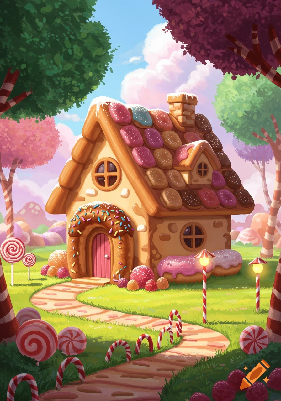 A whimsical gingerbread house with candy decorations in a colorful, sweet-themed landscape with lollipop trees.