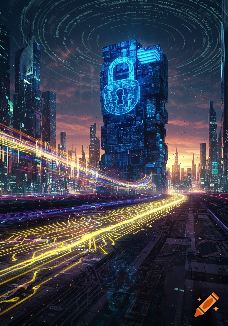 A giant neon blue padlock emblem on a skyscraper in a futuristic city with glowing digital data streams on streets at sunset.