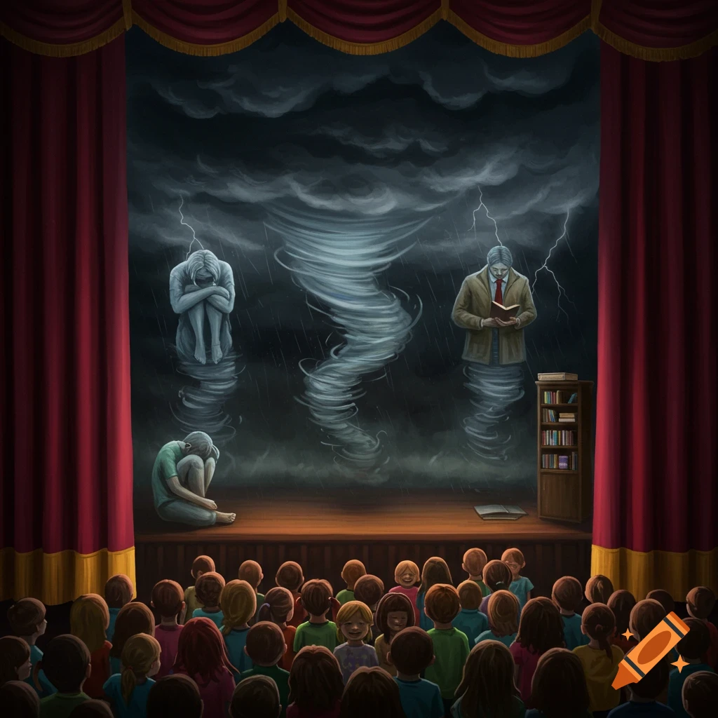 A stage with red curtains depicts a stormy sky over a tornado, a statue-like figure huddled in sadness, and a man reading a book. A child is curled on the stage, while a smiling audience of children watches.
