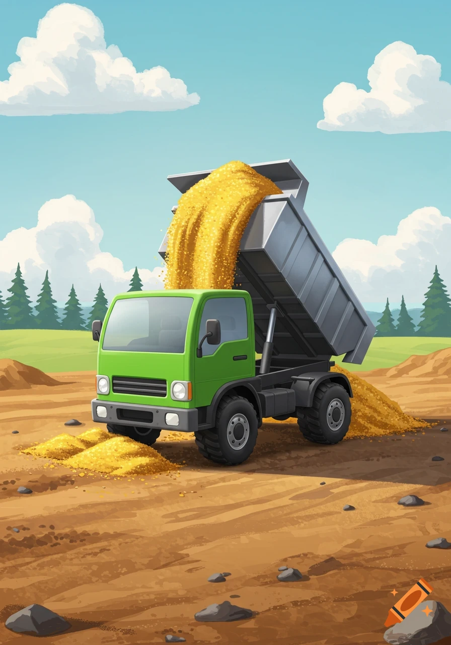 A green dump truck empties a pile of yellow material onto a brown dirt ground under a blue sky with white clouds. Cartoon style.
