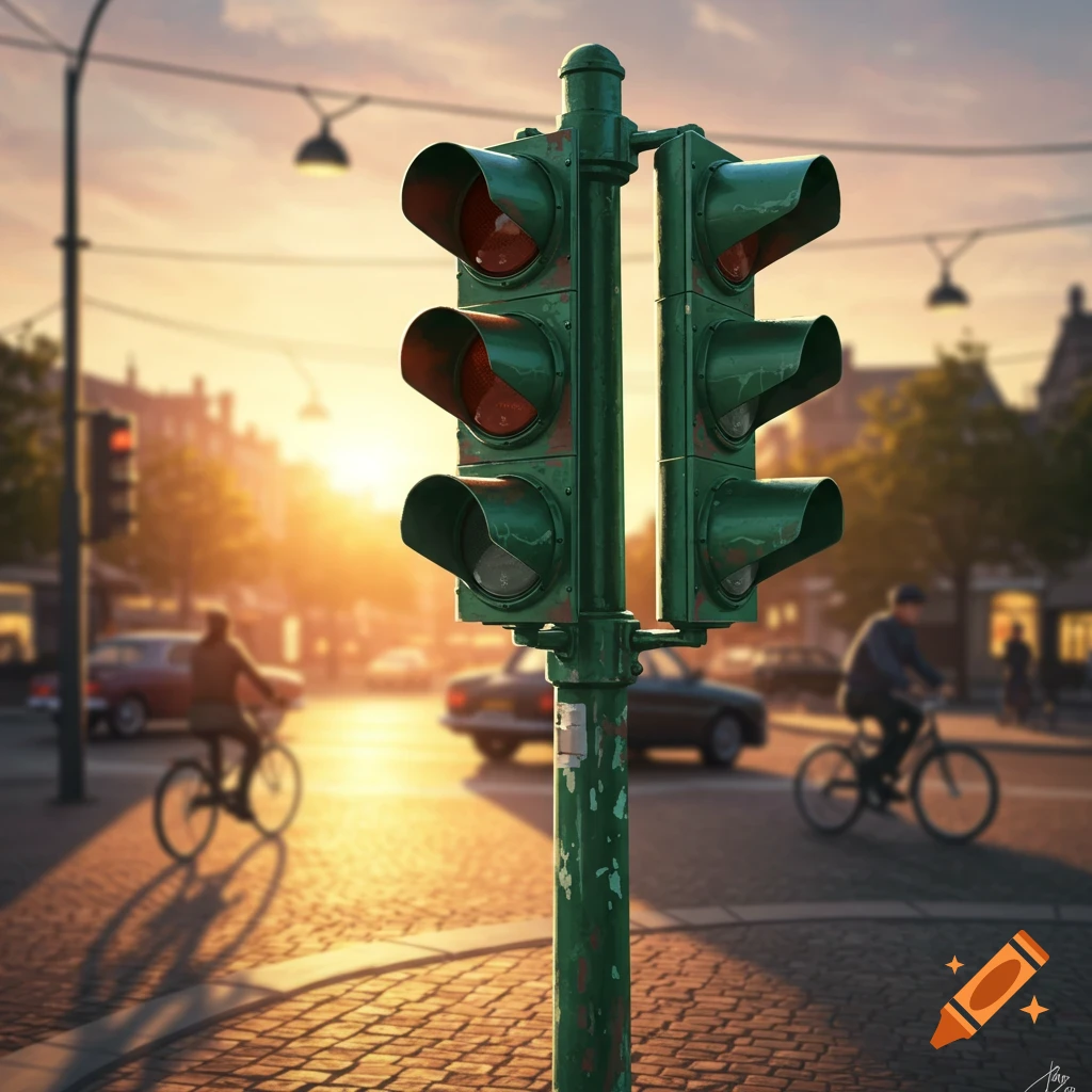 An old, green traffic light with red lights on stands prominently in an urban street at sunset, with blurred cars and cyclists in the background.