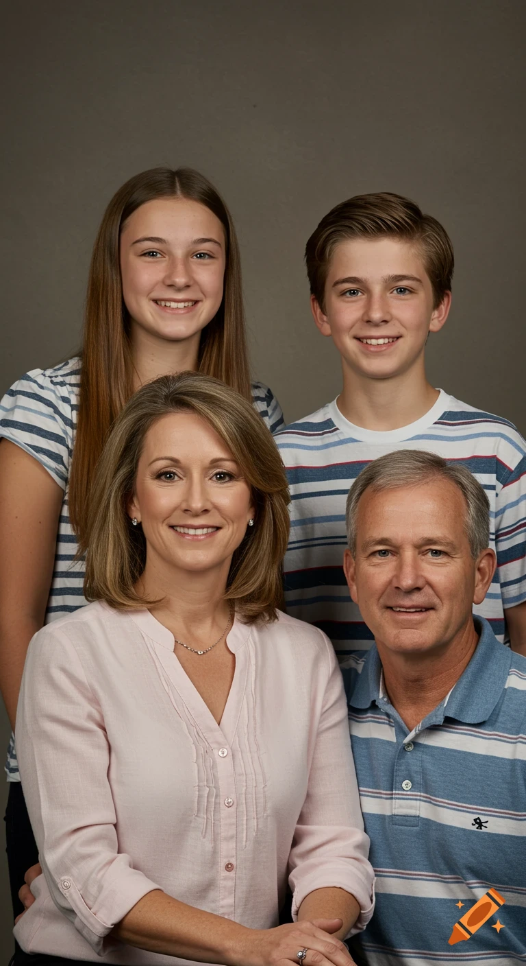 A smiling family of four, including a mother, father, teenage daughter, and pre-teen son, posing for a studio portrait.