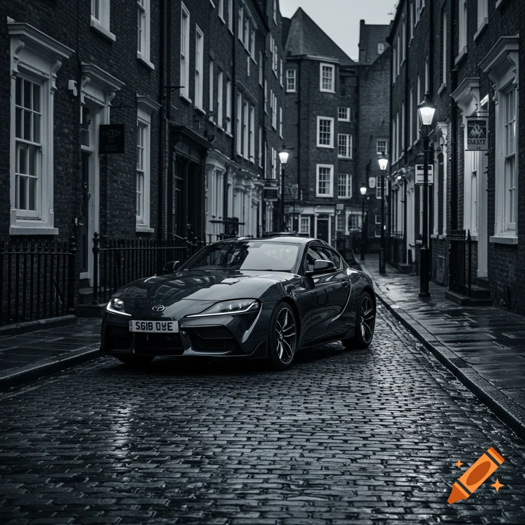 A black Toyota Supra parked on a wet cobblestone street in a black and white image. Old brick buildings line both sides of the narrow street.
