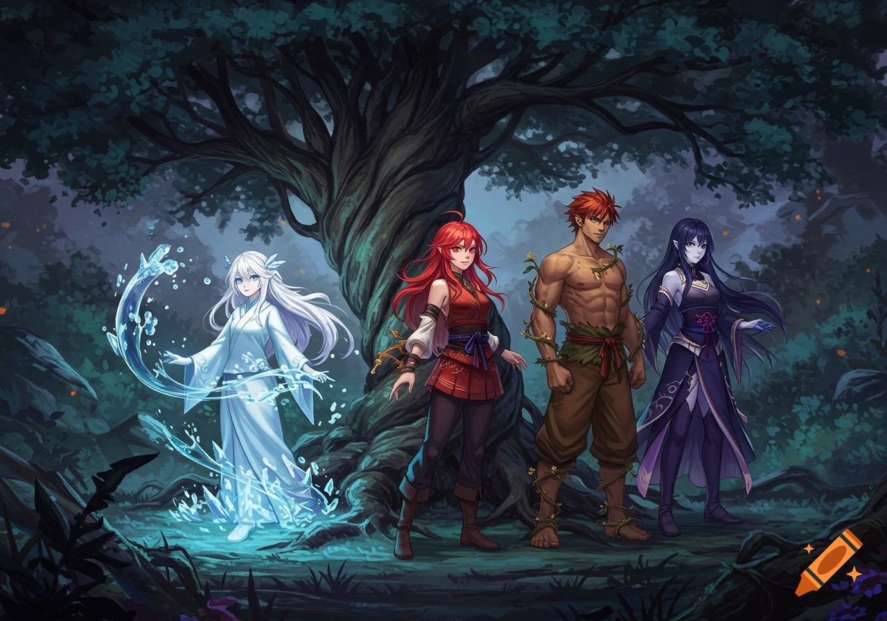 Four anime fantasy characters, including a water elementalist, a red-haired elf, a muscular man entwined with vines, and a dark elf, stand in a dark mystical forest.