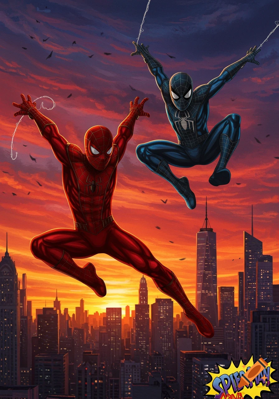 Two Spider-Men, one in a red suit and one in a black suit, swing above a city skyline at sunset in a comic art style.