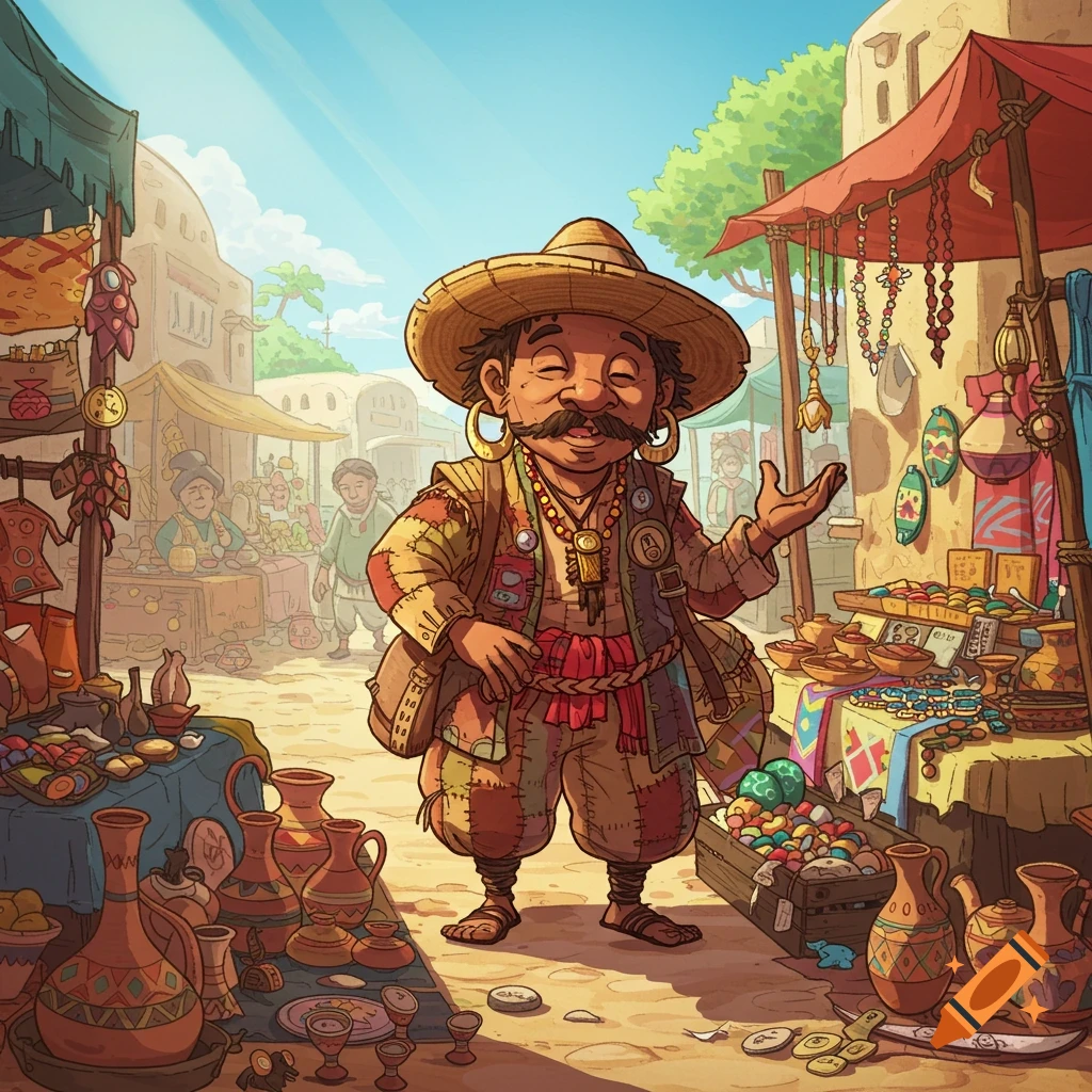 A smiling cartoon trader with a mustache and straw hat gestures in a vibrant outdoor marketplace filled with various goods like pottery and jewelry.