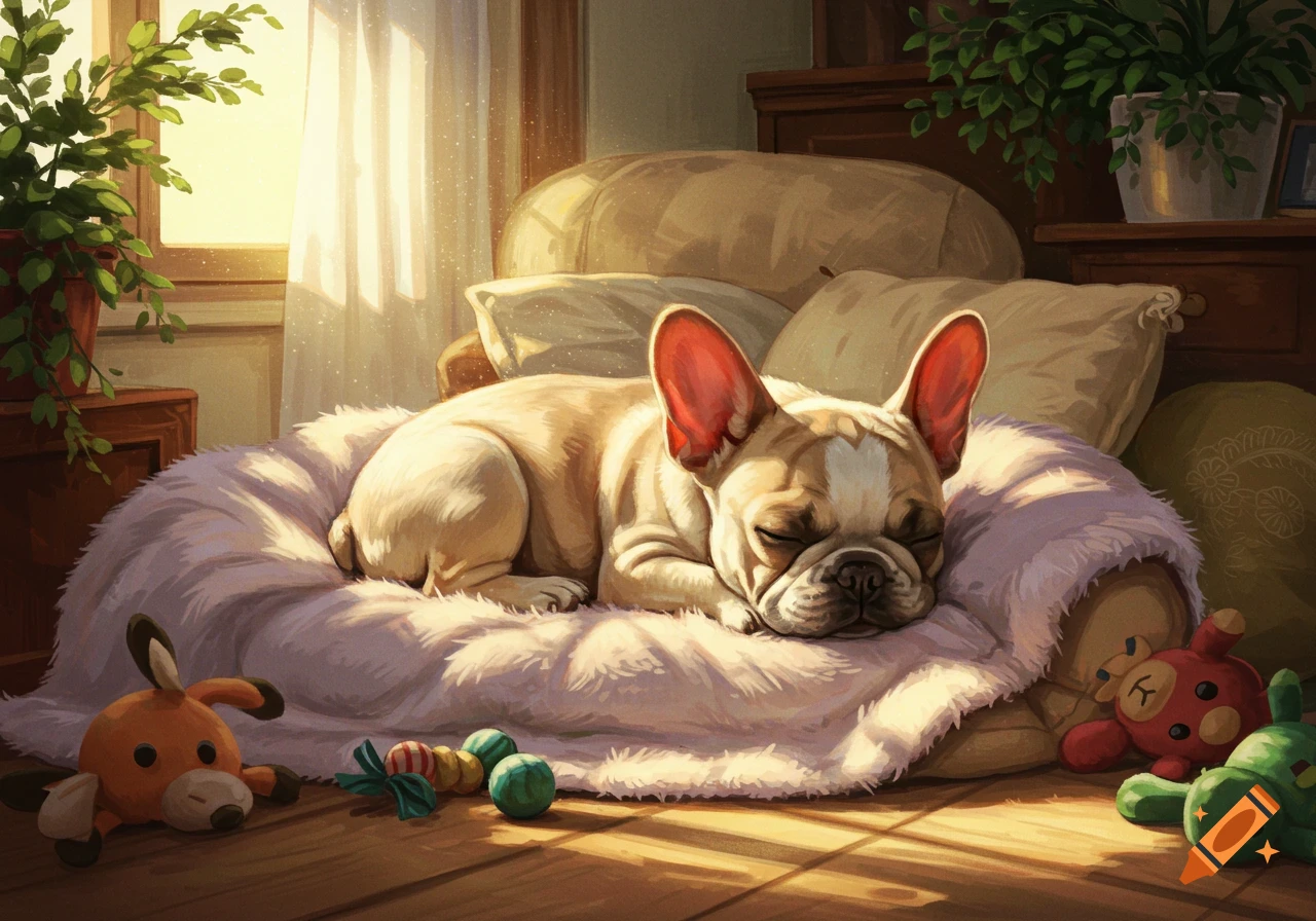 Illustrated French bulldog puppy sleeping soundly on a fluffy white bed in a sunlit room, surrounded by toys.
