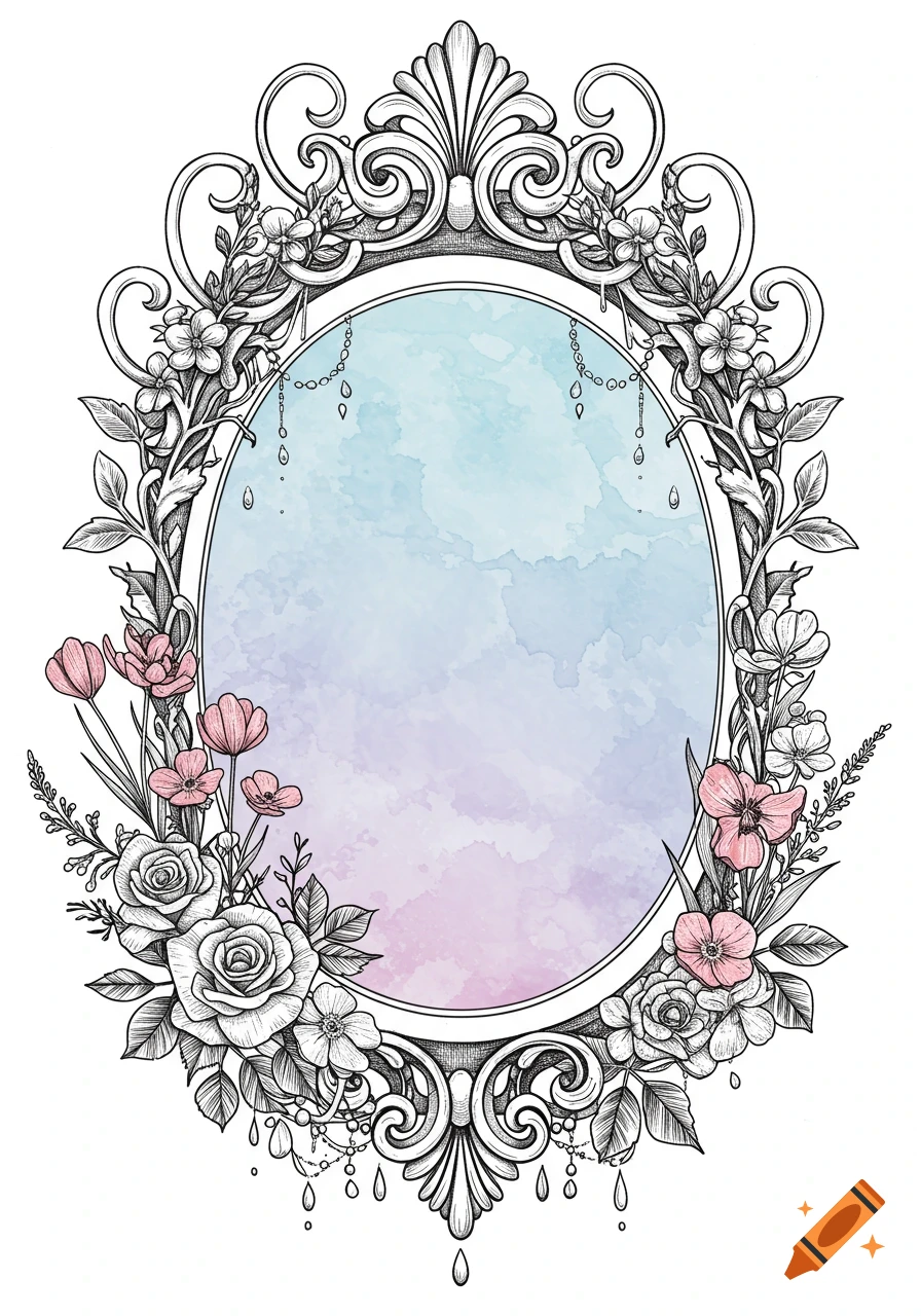 Oval vintage gothic frame illustration with black and white ornate details, flowers, vines, and a soft blue to pink watercolor background.
