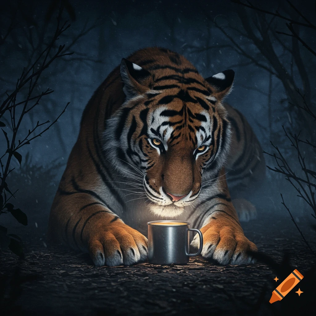 A photorealistic tiger crouches in a dark, snowy forest, looking intently at a glowing mug of coffee.