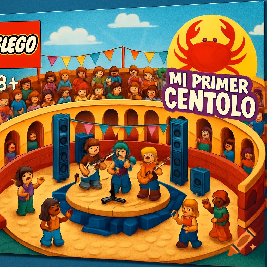 An illustrated toy box for a Lego-style music festival, featuring a band on stage and an audience in an arena, with a red crab logo and the title MI PRIMER CENTOLO.