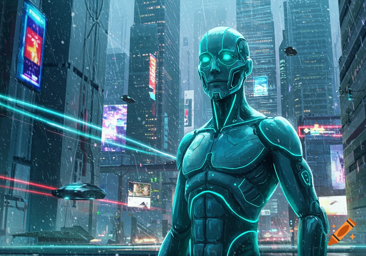 A humanoid robot with glowing eyes stands in a futuristic city with neon lights, flying vehicles, and falling snow.