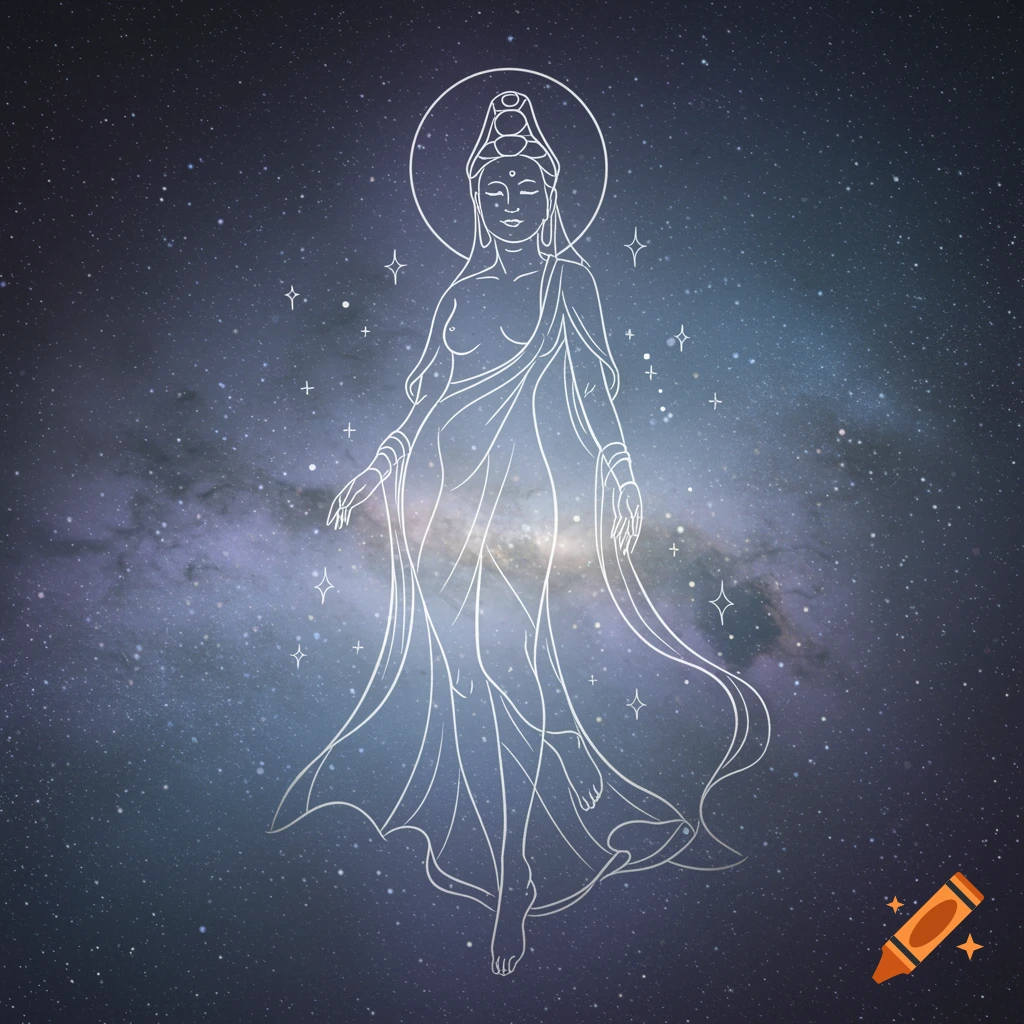 A white line art drawing of a goddess-like figure floating in a dark blue and purple starry cosmic sky.