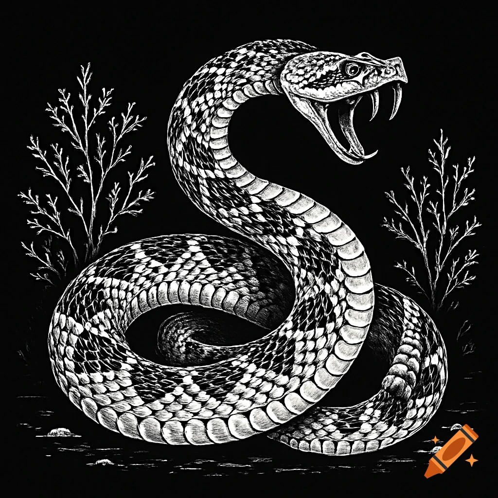 Black and white zoological illustration of a rattlesnake coiled in the desert, mouth open and fangs visible, with bushes.