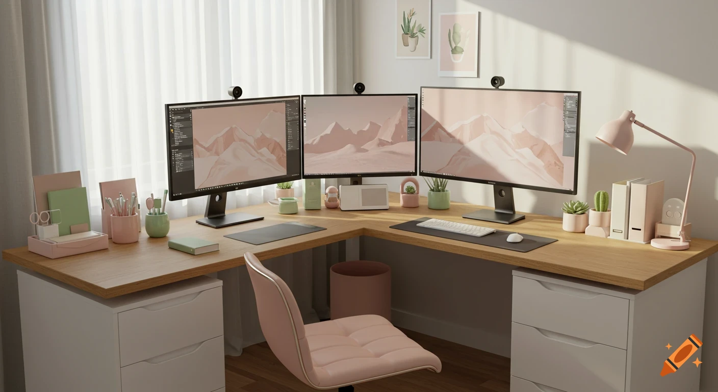 A stylish L-shaped desk setup with three monitors, a pink chair, and pastel green and pink decor in a bright room.