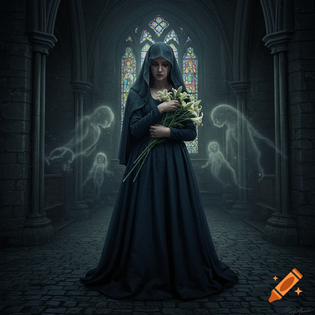 A mourning medieval lady in a dark dress holds lilies in a gothic church with spectral figures floating around her.