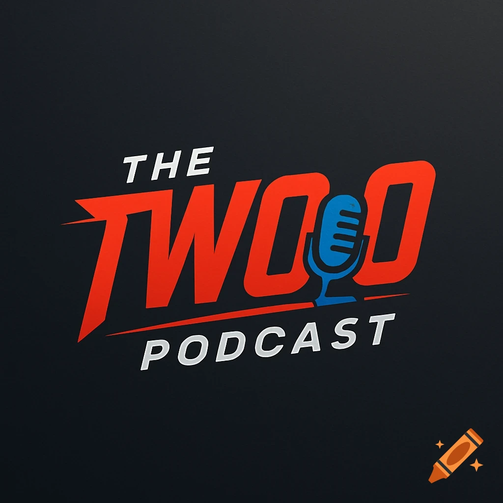 A logo for 'The TWO.O Podcast' with stylized red and white text and a blue microphone icon.