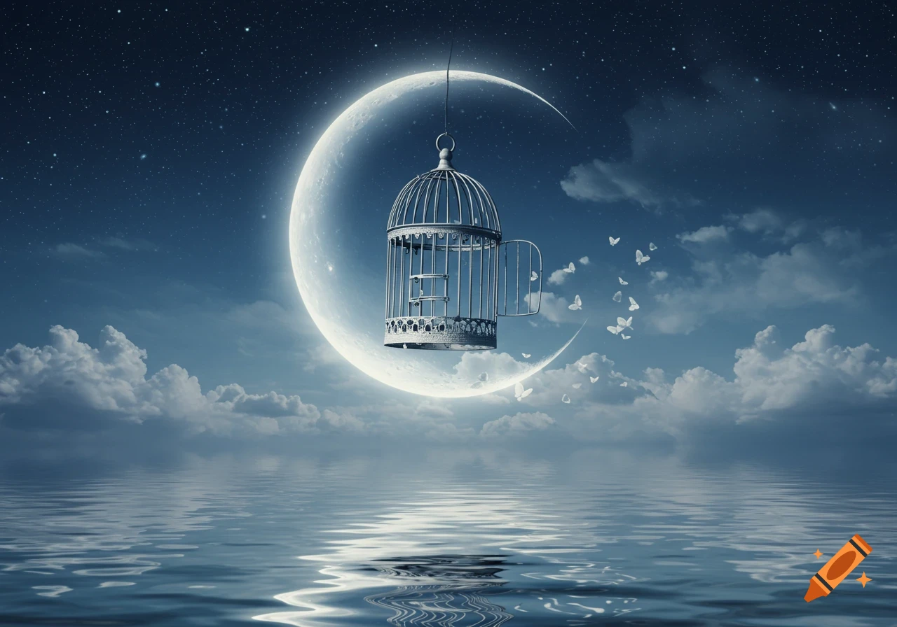 An open birdcage hangs from a crescent moon above calm water with butterflies flying out into the starry night sky.