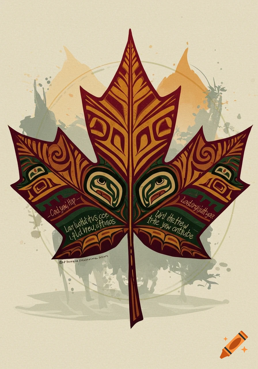 A stylized maple leaf features intricate indigenous art patterns in red, gold, and green with illegible text, set against a subtle watercolor background.