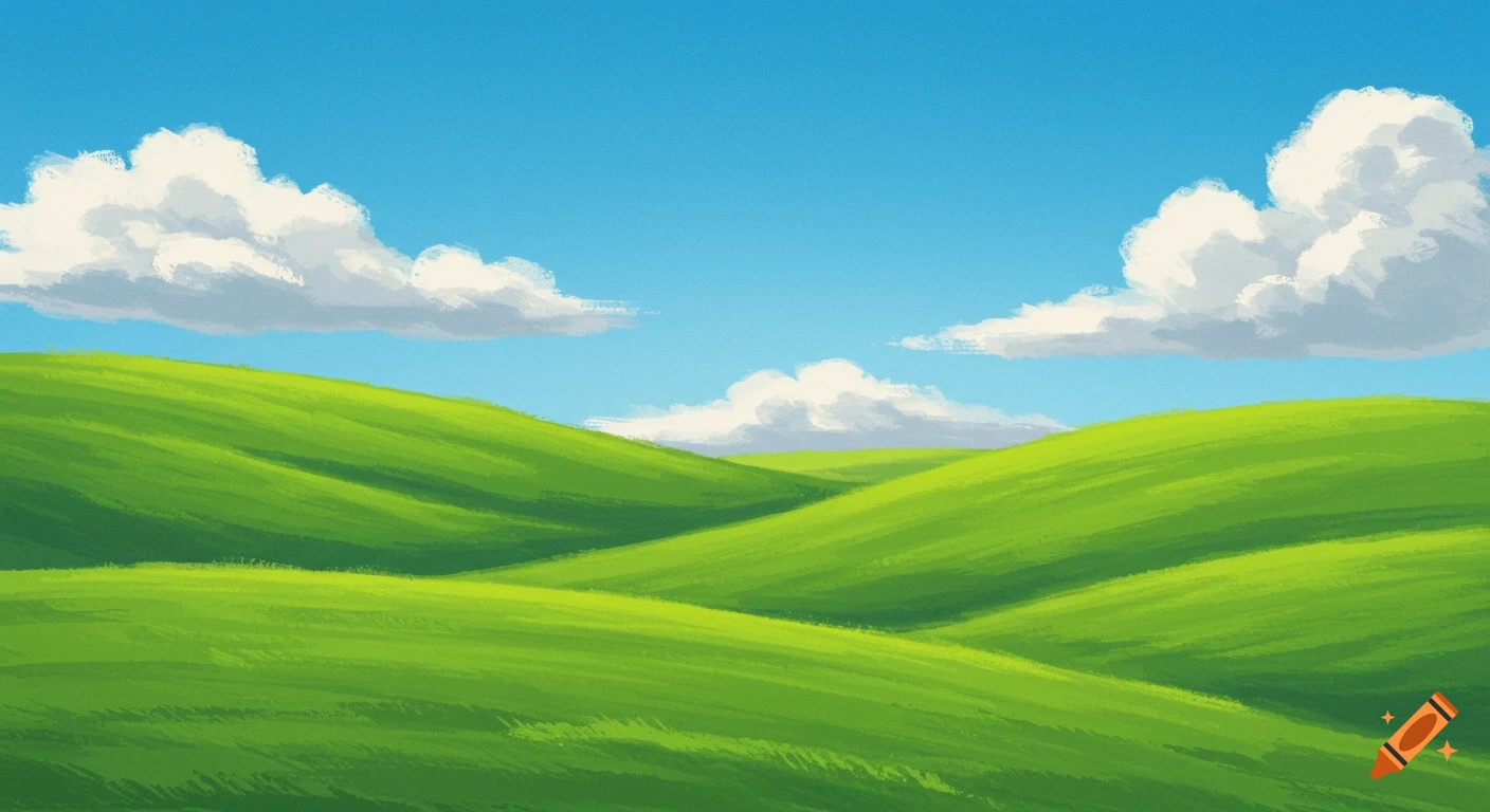 Rolling green hills under a bright blue sky with fluffy white clouds, in an illustrative style.
