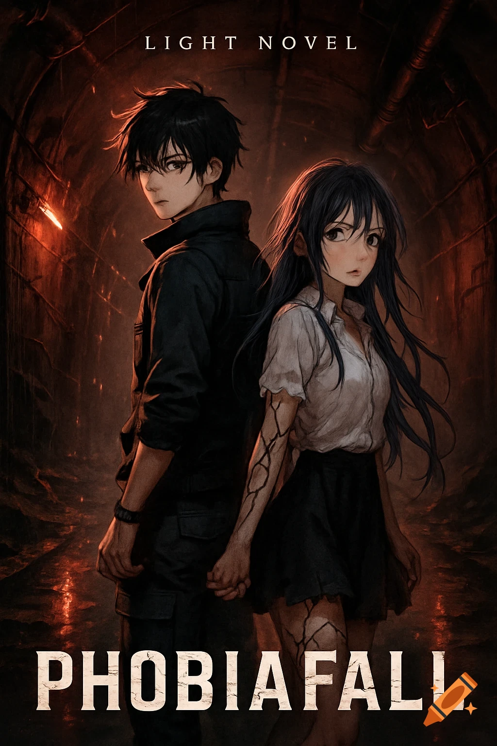 Anime boy and girl stand back-to-back in a dark, red-lit tunnel with cracking patterns on the girl's arms, light novel cover.