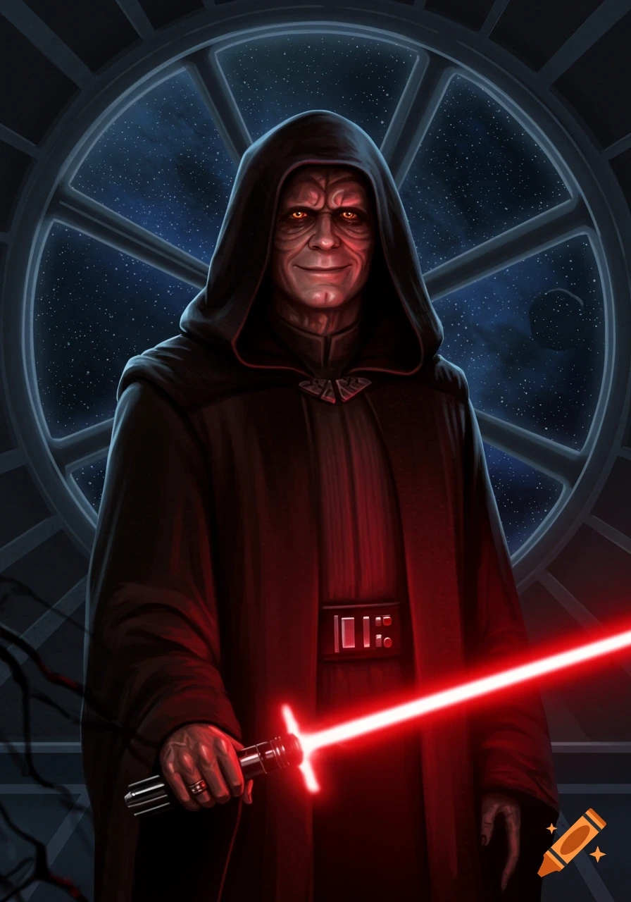 Emperor Palpatine in a black hooded robe holds a red lightsaber, smiling evilly, standing before a large circular window showing space.