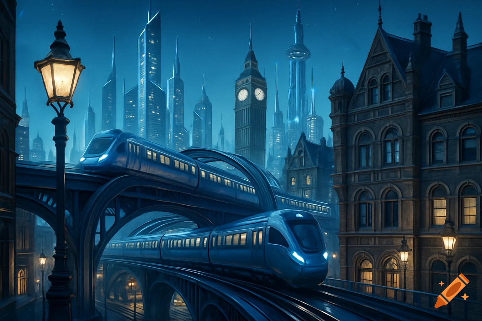 Futuristic blue trains on elevated tracks in a dark, high-tech city with British architecture and glowing skyscrapers at night.