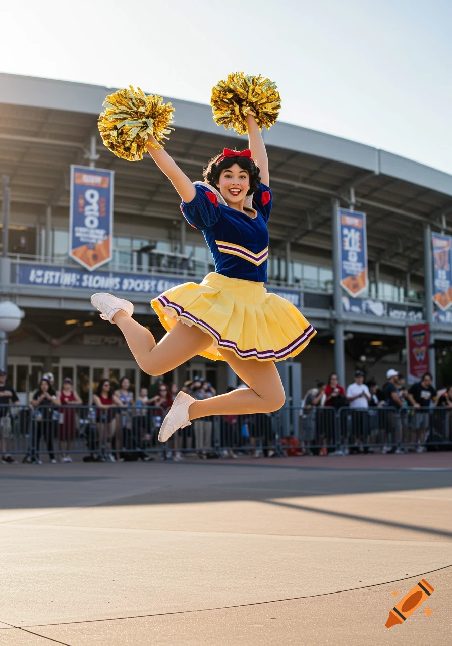 A woman dressed as Snow White in a blue and yellow cheerleader uniform jumps high with gold pom-poms at a sports complex.