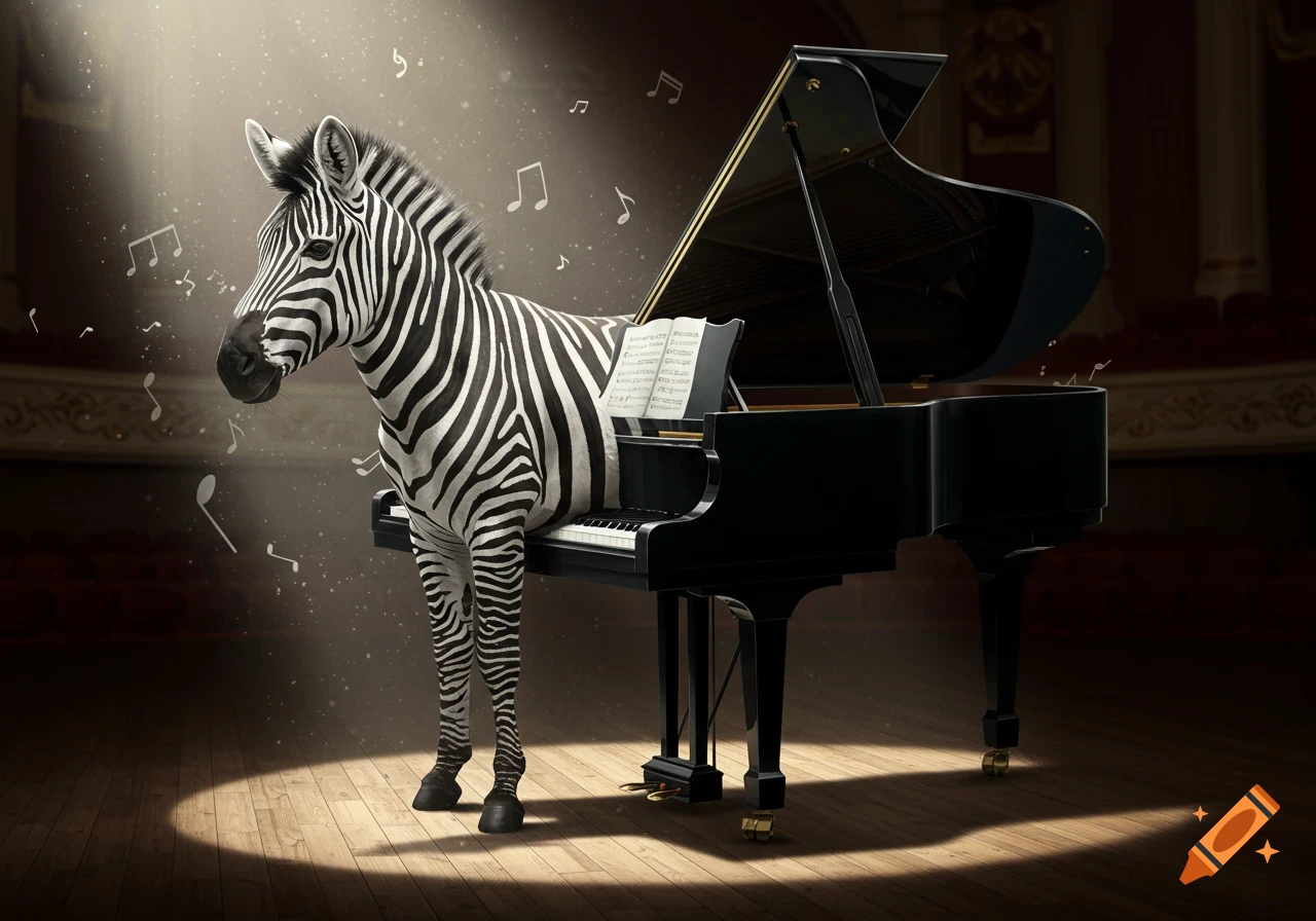 A zebra sitting at a grand piano on a stage, bathed in a spotlight, with musical notes floating around it.