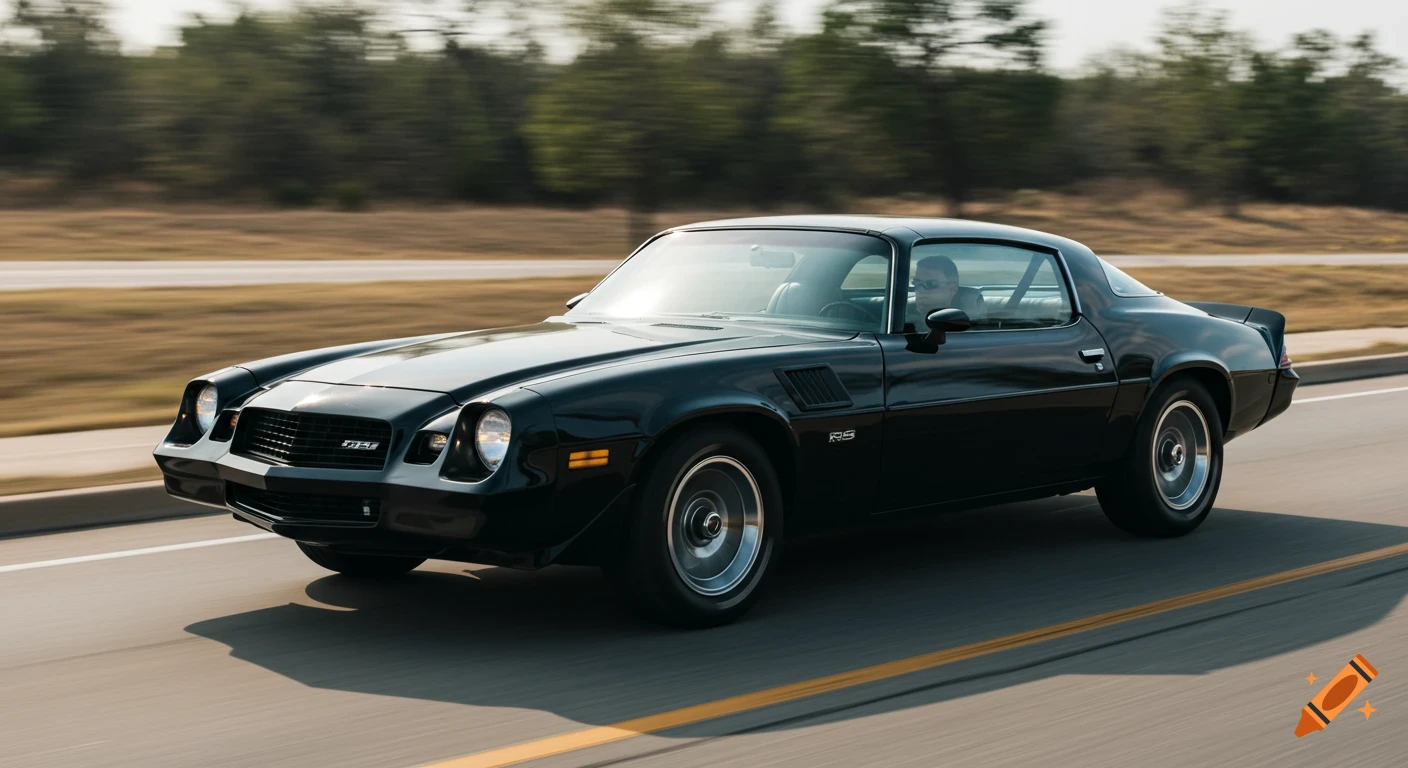 A black 1980 Chevrolet Camaro RS drives on a highway with motion blur in the background.