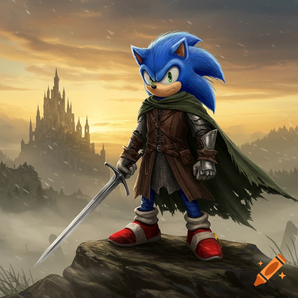 Sonic the Hedgehog as a medieval warrior, holding a sword on a rocky cliff overlooking a misty valley with a large castle at sunset. Digital painting.