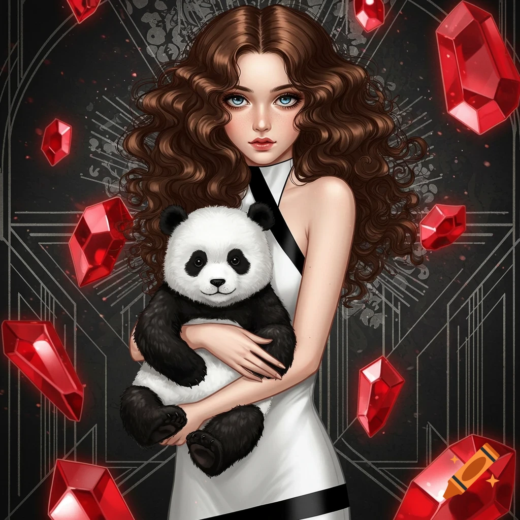 An Art Deco style illustration of a light brunette woman with blue eyes holding a panda, surrounded by red crystals.