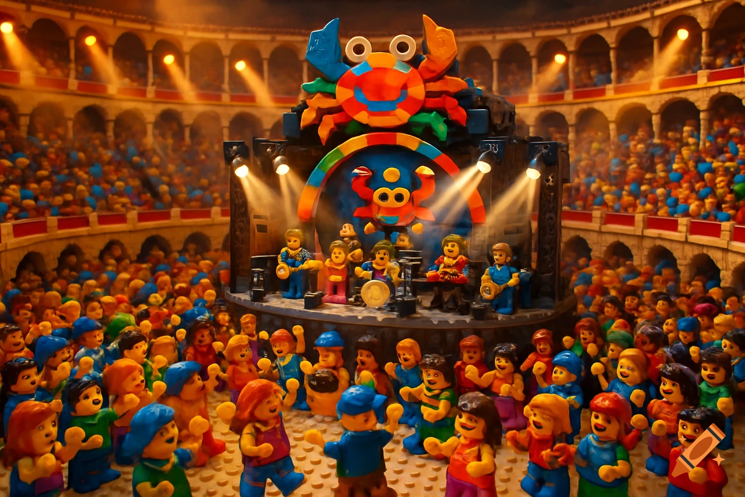 A vibrant Lego concert scene with a band on stage, a large crab logo, and a cheering audience in an arena.