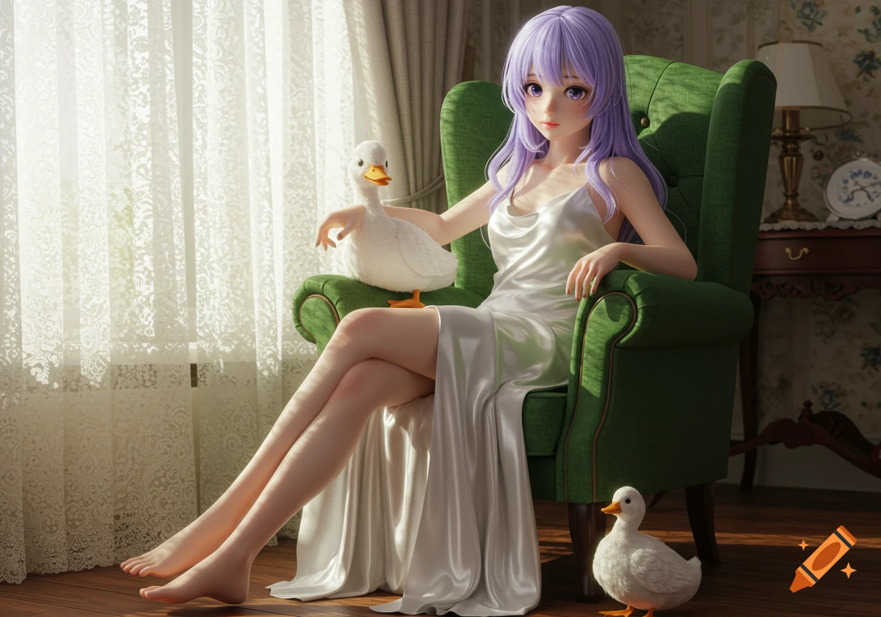 A 3D anime girl with purple hair in a white silk dress sits in a green armchair, legs crossed, with two white ducks nearby, by a sunny window.