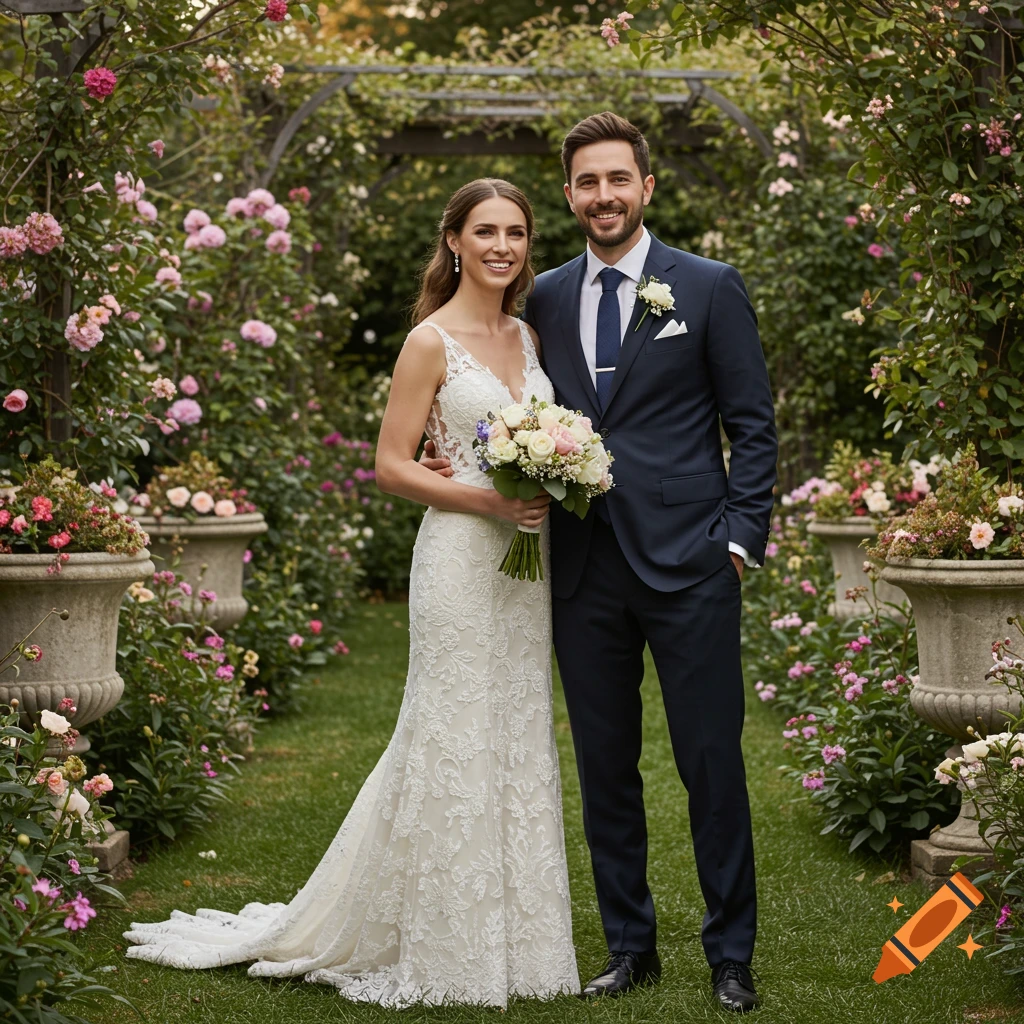 A bride and groom pose for a romantic wedding photo in a lush garden filled with pink roses and flowering plants.