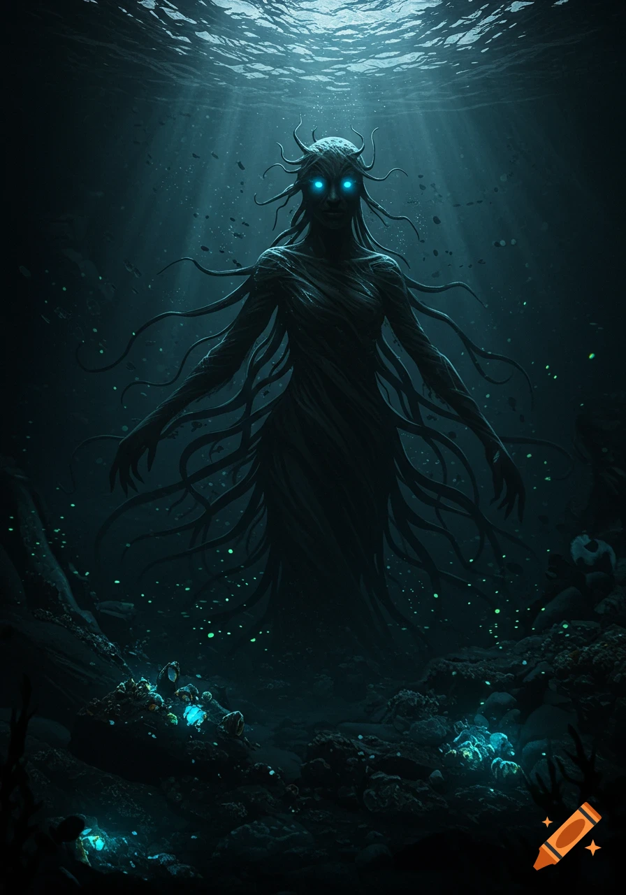 Dark abyssal entity with glowing blue eyes and flowing tendrils submerged in deep blue water with light rays and bioluminescent plants.