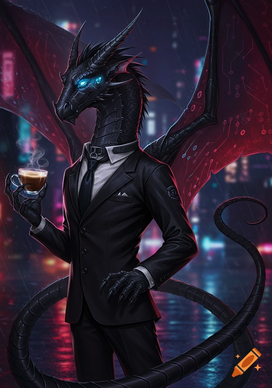 A sleek black dragon in a suit holds a steaming cup of coffee in a moody cyberpunk city at night.